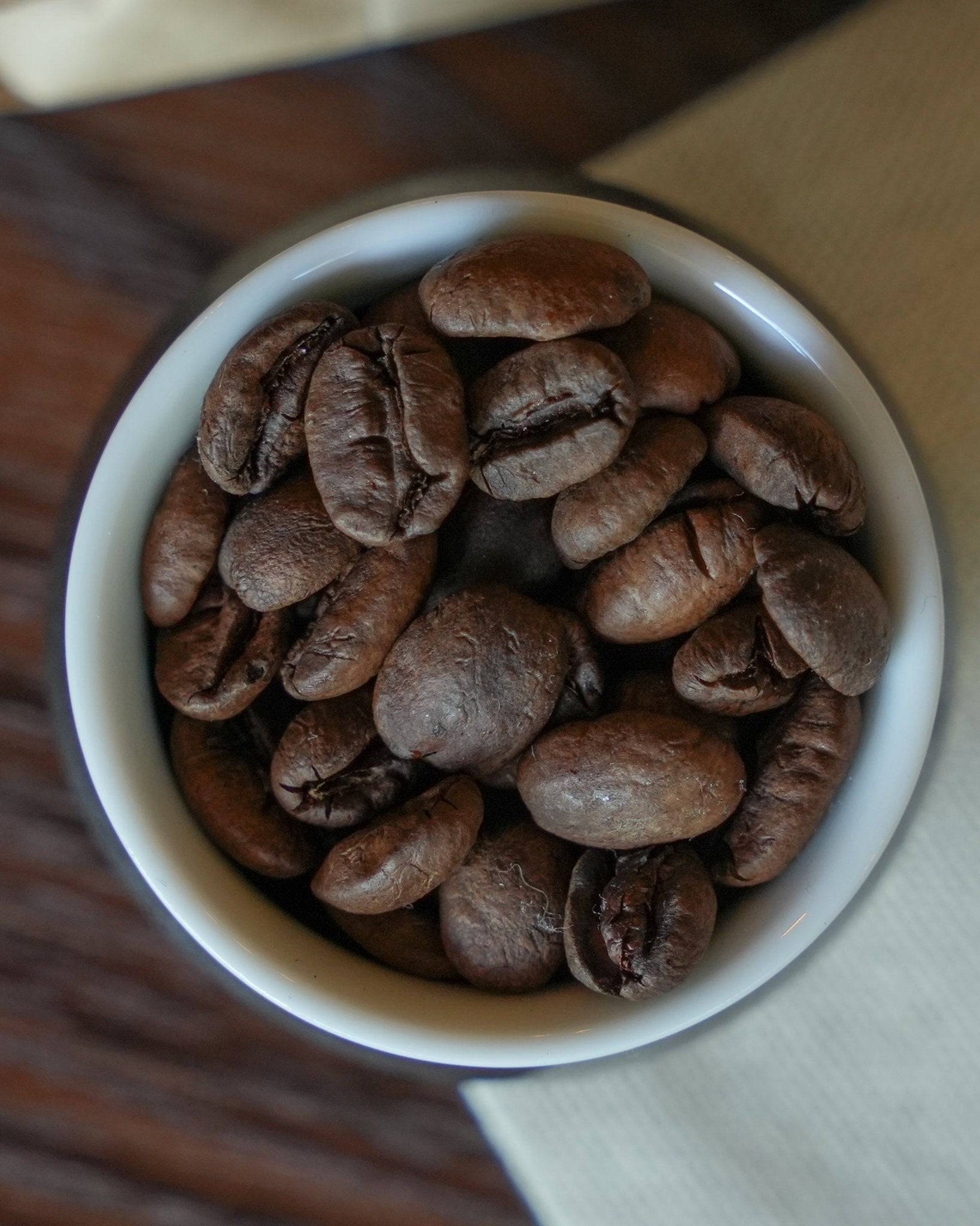 Freshly roasted coffee beans in a white ceramic bowl, showcasing the rich, dark brown color and varied shapes of premium coffee beans for Sip Coffee&
