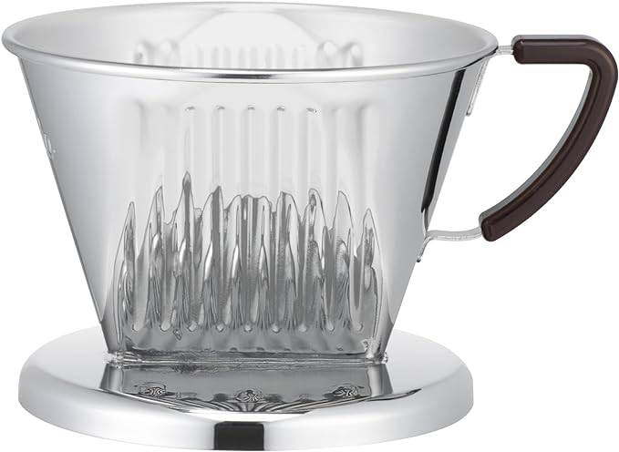 Stainless steel pour-over coffee dripper with ribbed interior, three-hole bottom design, and brown handle, showcasing Kalita&