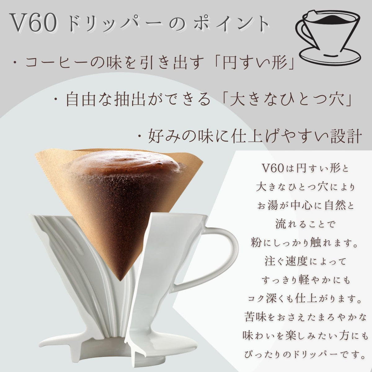 V60 structure diagram showing its conical shape, single large hole, and spiral ribs.