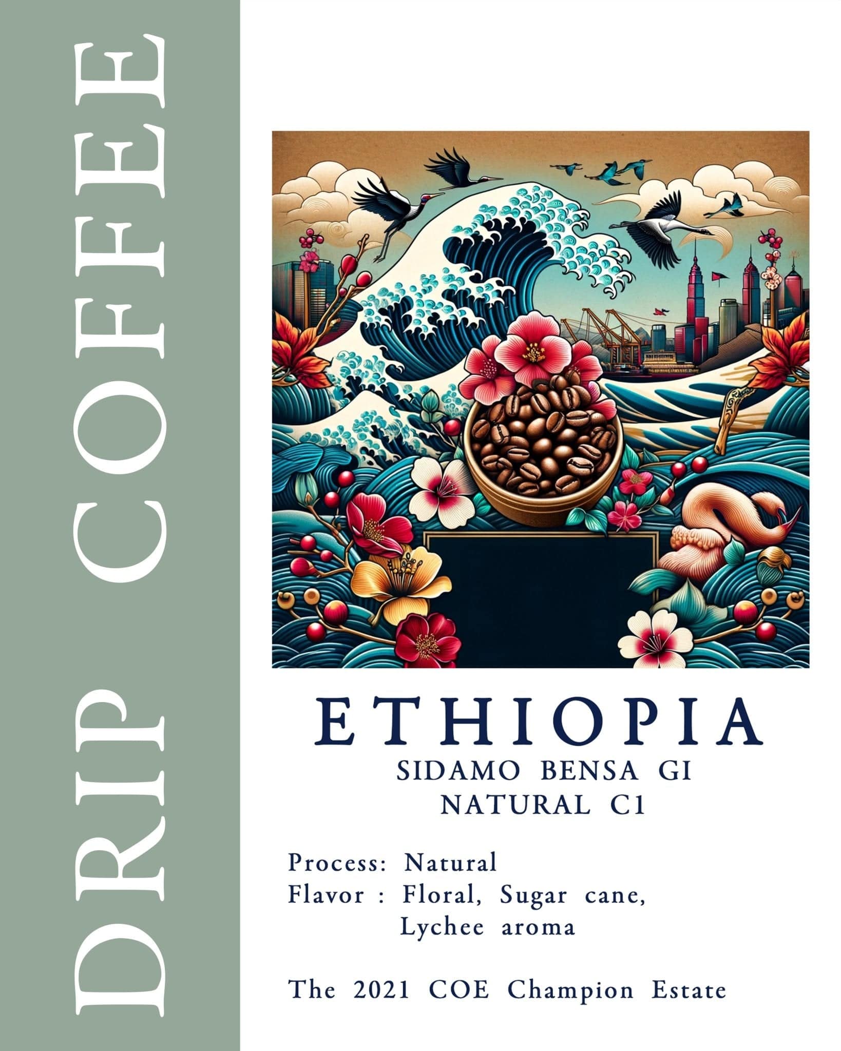 Vibrant illustration of Ethiopian coffee featuring waves, flowers, birds, and a cityscape, with a bowl of coffee beans in the foreground. Text reads "Ethiopia Sidamo Bensa G1 Natural G1" and details about the 2021 COE Champion Estate.