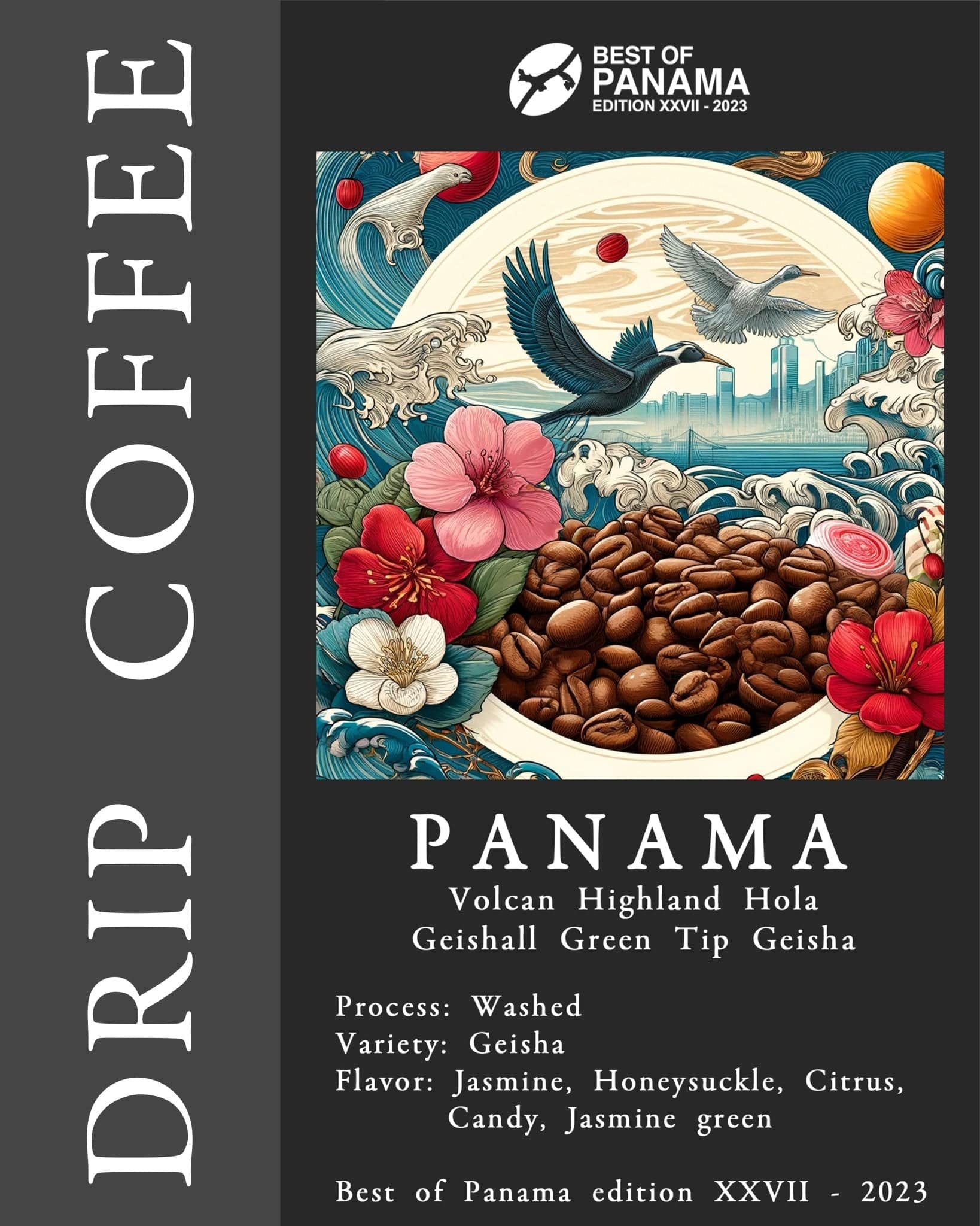 Artistic illustration featuring coffee beans, tropical flowers, and a cityscape with flying birds, promoting Panama Volcan Highland Hola Geishall Green Tip Geisha coffee from Best of Panama 2023 competition
