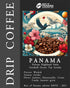 Artistic illustration featuring coffee beans, tropical flowers, and a cityscape with flying birds, promoting Panama Volcan Highland Hola Geishall Green Tip Geisha coffee from Best of Panama 2023 competition