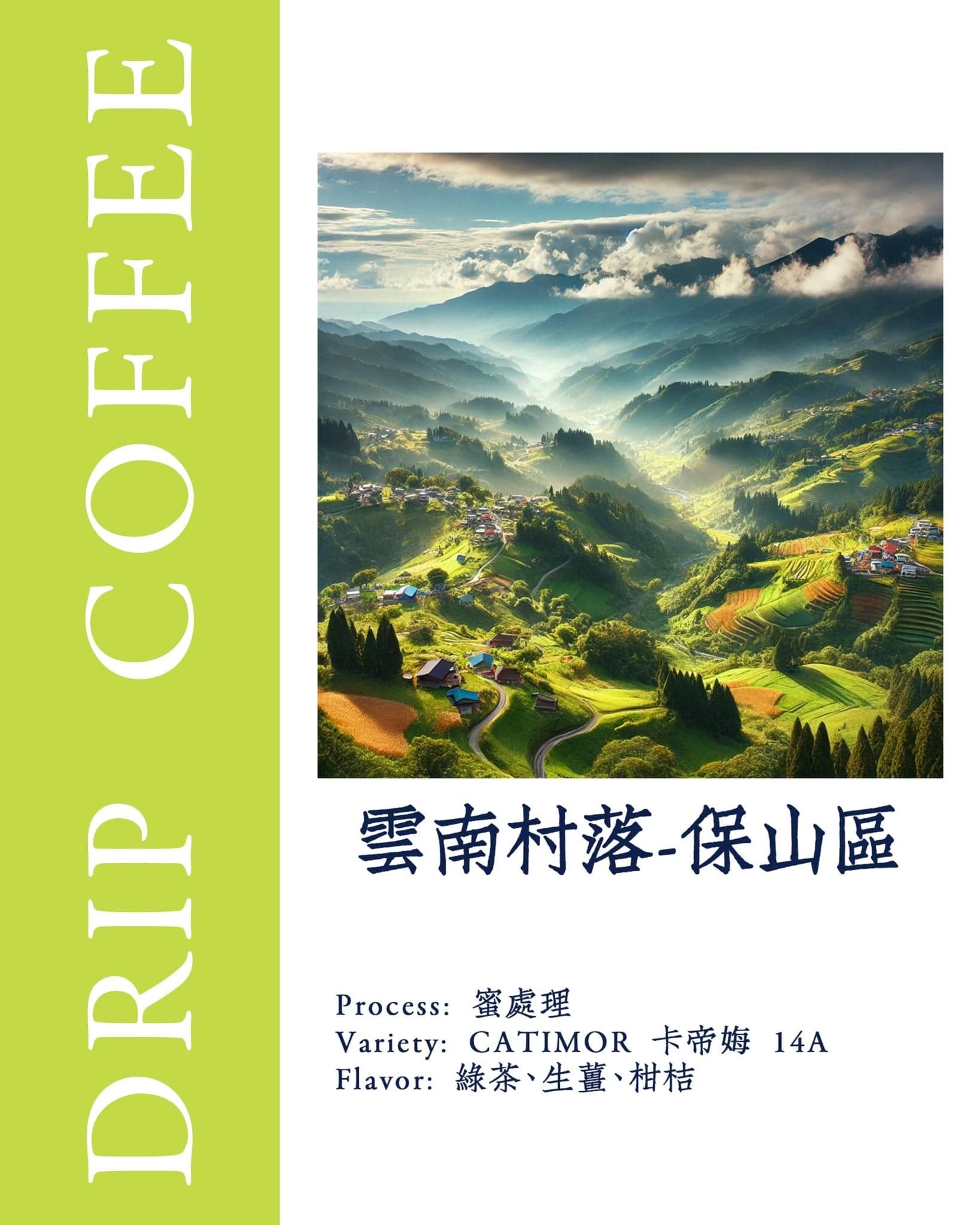 Breathtaking aerial view of Yunnan coffee farm in Baoshan district, featuring lush green terraced fields, misty mountains, and sunlit valleys, showcasing the unique landscape where Catimor 14A coffee is cultivated