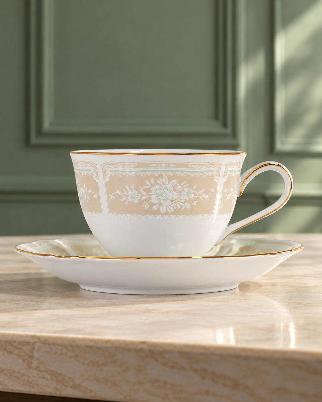 HARIO × Noritake 蕾絲木金邊米色茶咖啡杯碟|220 mL|蕾絲木金邊米色|場景封面