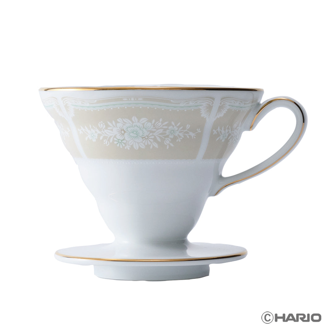 HARIO × Noritake|蕾絲木金邊米色濾杯正面