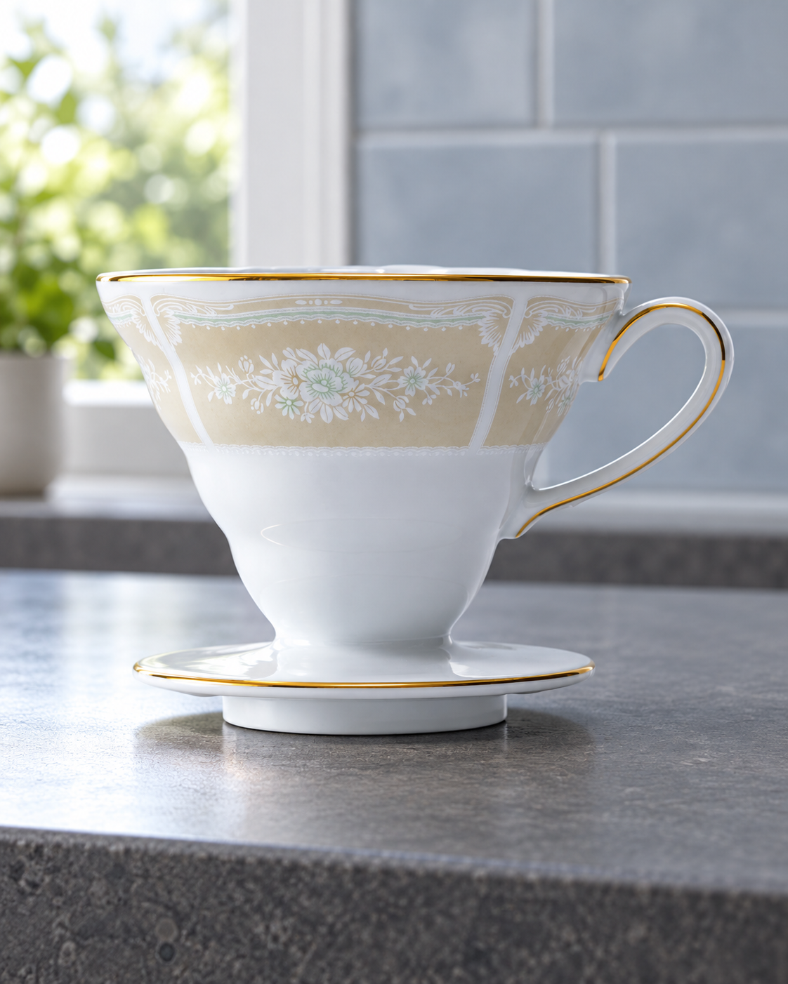 HARIO × Noritake V60 02 精緻瓷器濾杯|4 款花色|蕾絲木金邊米色|場景封面