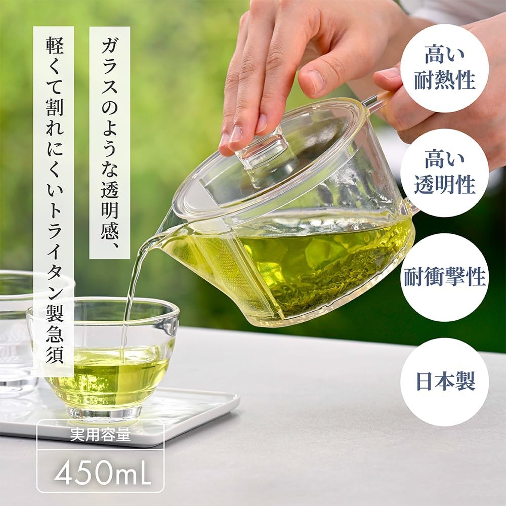 手持透明急須倒出綠茶並附容量材質說明