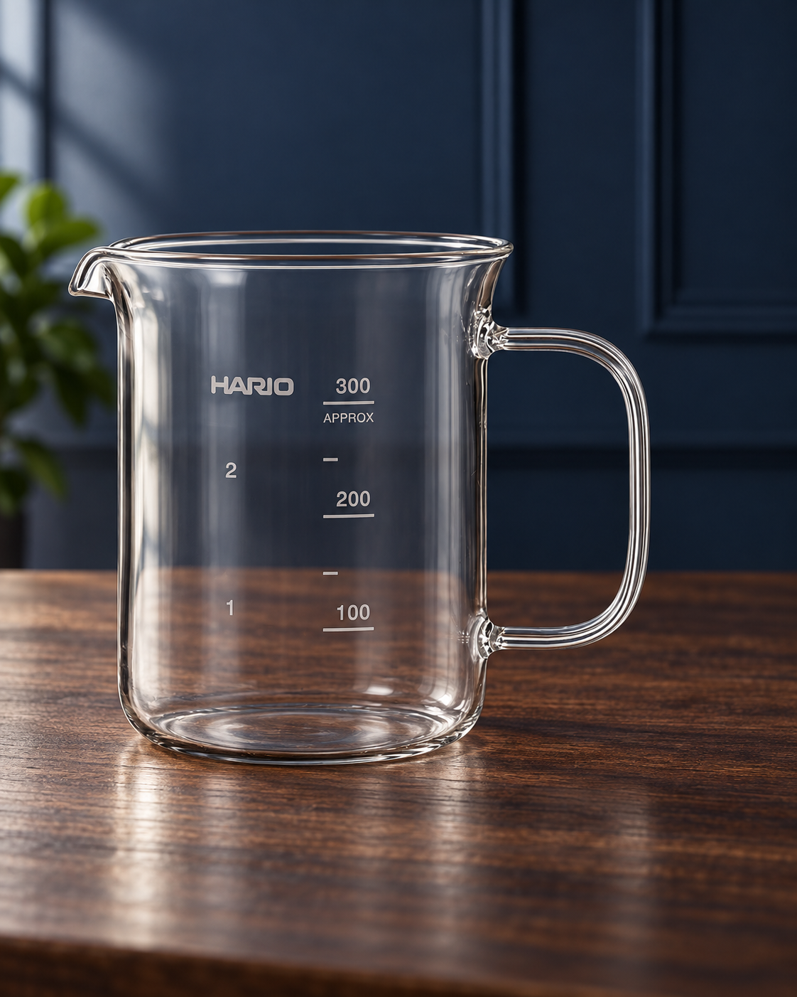 HARIO BV-300 耐熱玻璃燒杯分享壺 深藍背景與胡桃木桌場景封面