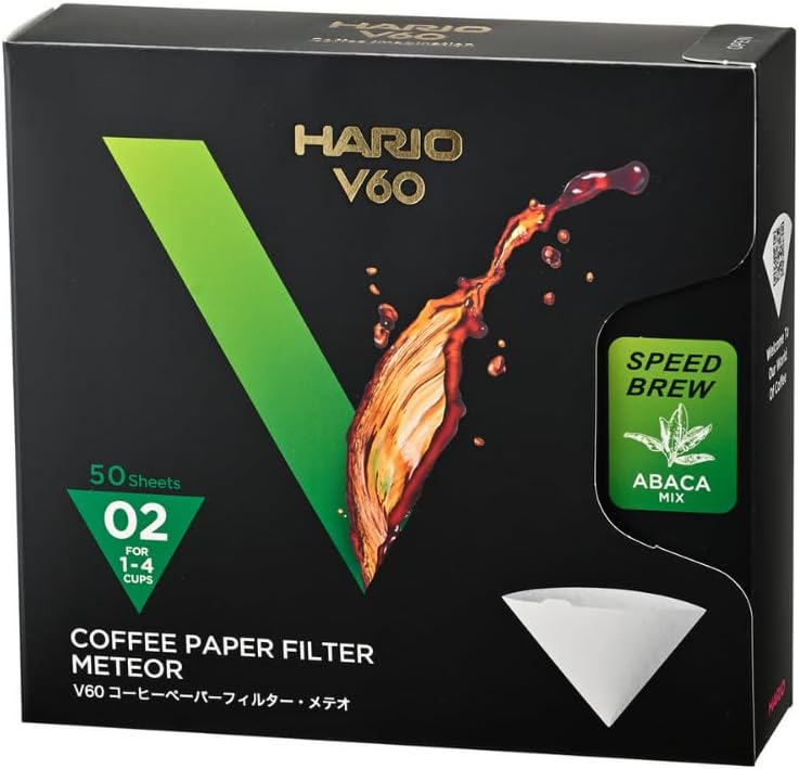 HARIO V60 METEOR 02 濾紙完整包裝盒,盒面標示 50 張及 1–4 杯用