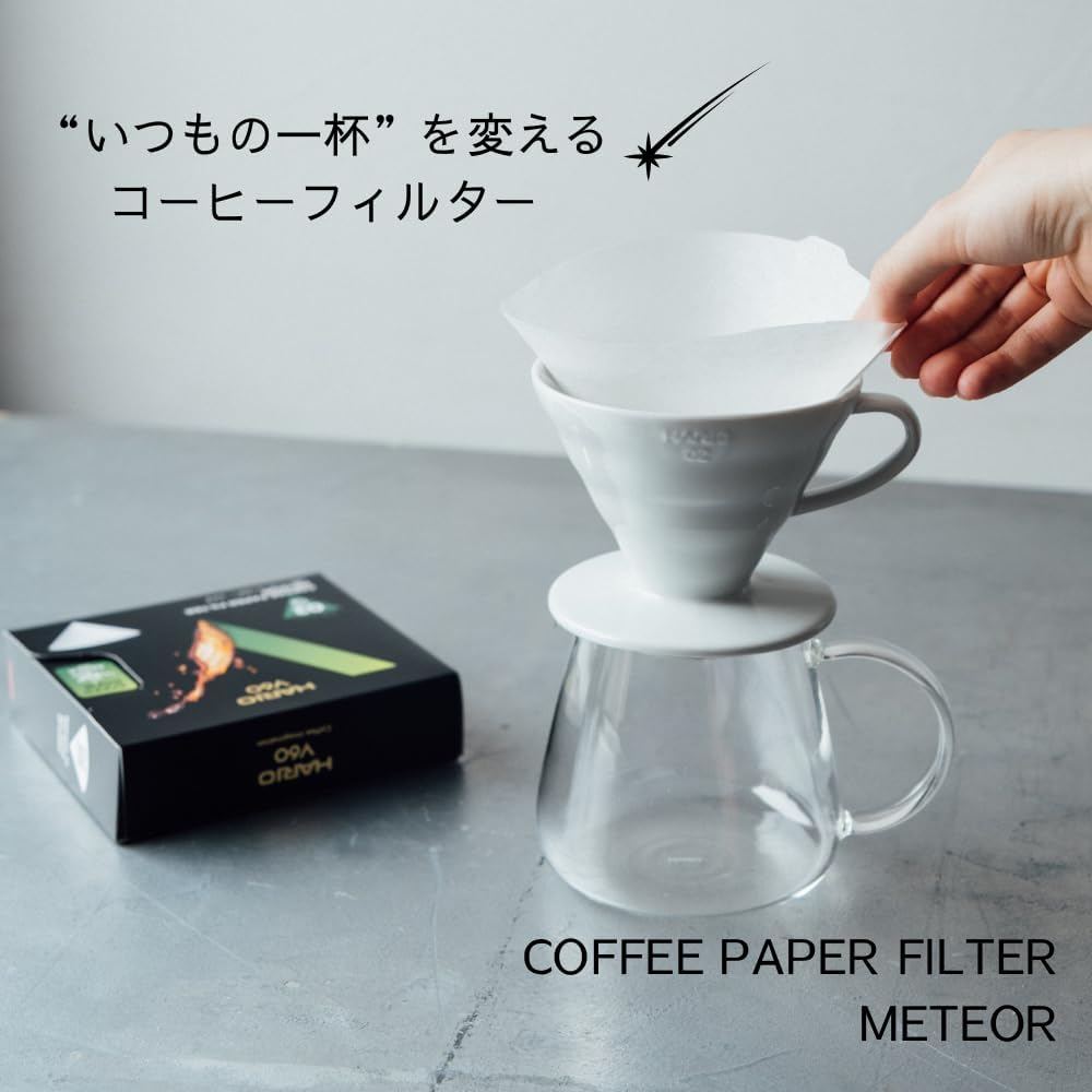 手部將白色 METEOR 濾紙放入陶瓷濾杯的示範,旁邊為原裝包裝盒