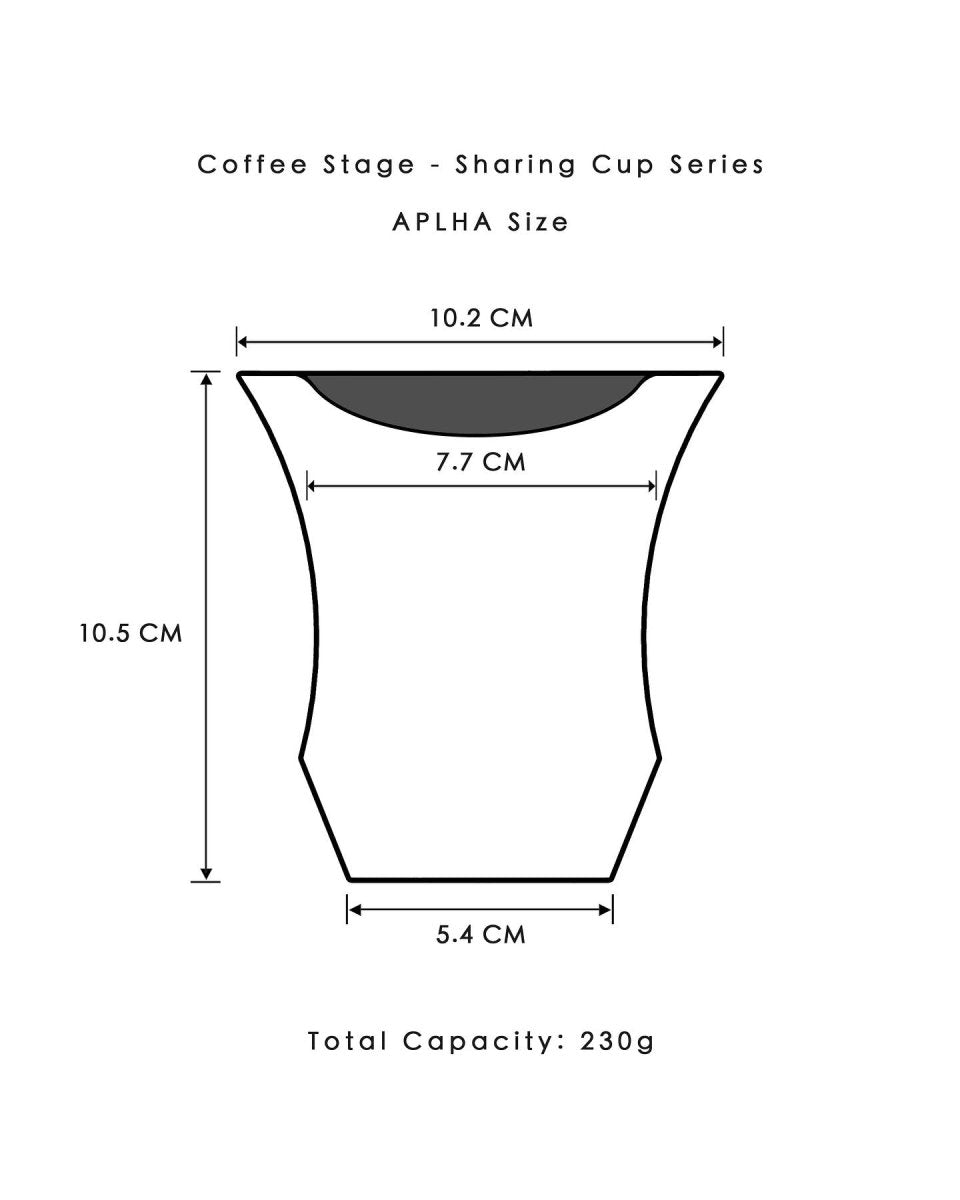 Coffee Stage Sharing Cup Alpha Size 尺寸圖:杯口外徑約10.2cm、凹入位置開口約7.7cm、高約10.5cm、底徑約5.4cm、容量參考約230ml