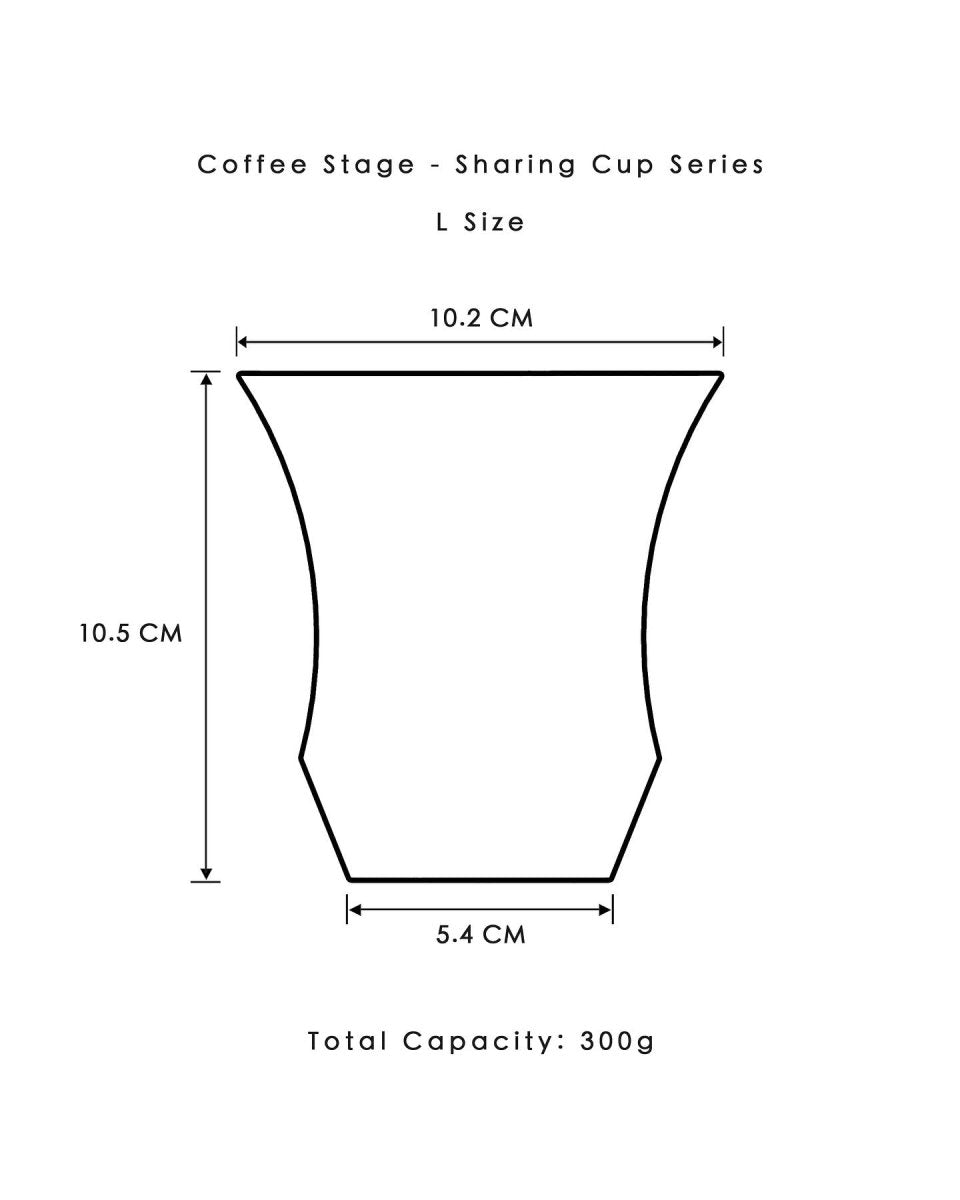 Coffee Stage Sharing Cup L Size 尺寸圖:杯口外徑約10.2cm、高約10.5cm、底徑約5.4cm、容量參考約300ml