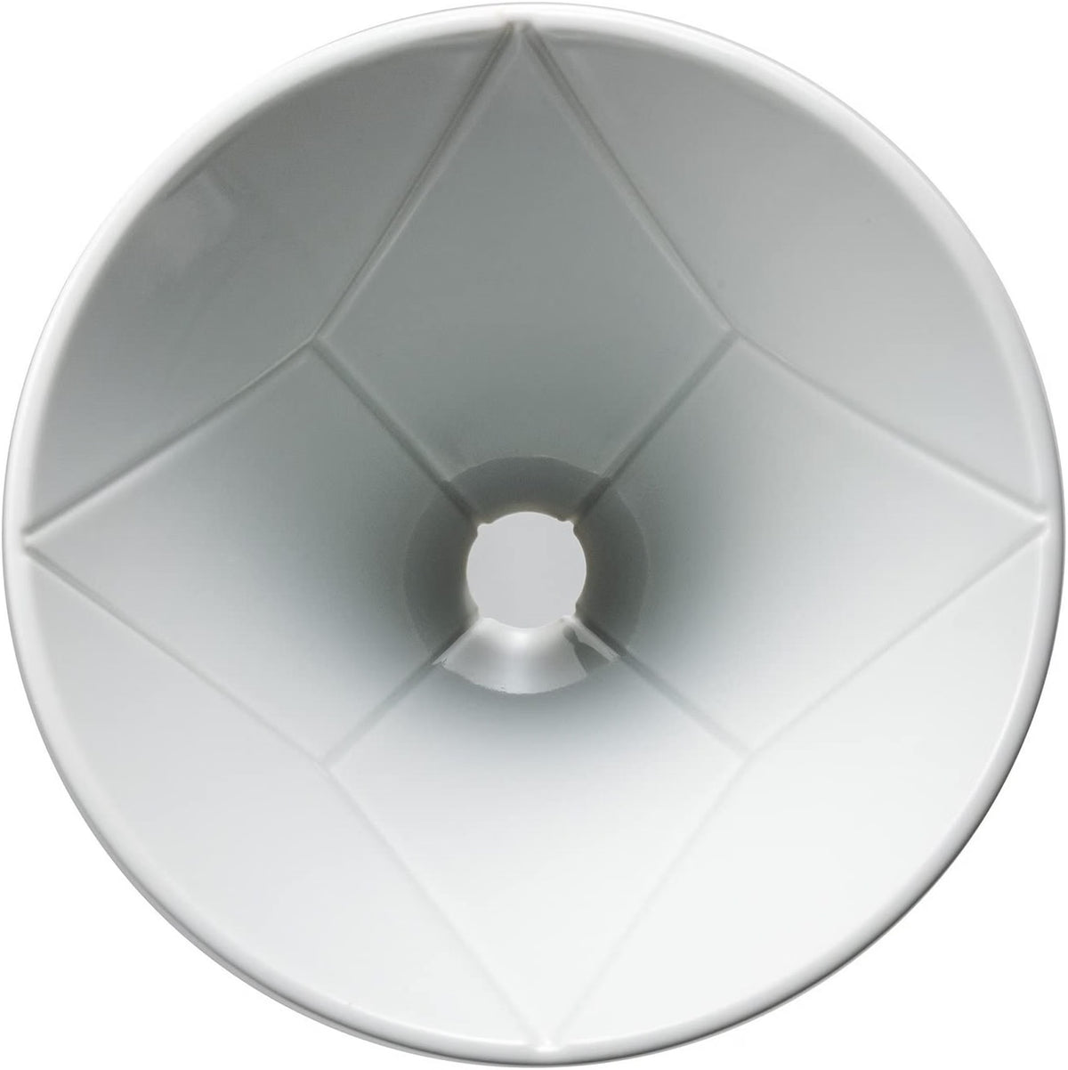 HARIO V60 MUGEN 02 white ceramic dripper, 1–2 cups: Top view of the MUGEN dripper, showing the central opening and its segmented flow-guiding grooves.