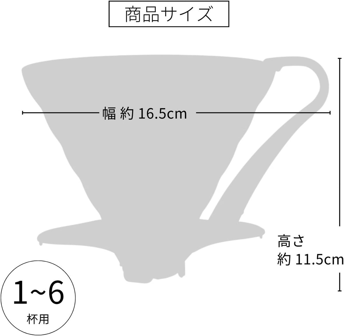 HARIO V60 03 black heatproof glass dripper, 1–6 cups: V60 03 size diagram marked with the cup range and the dripper width and height.