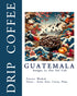 Vibrant illustration featuring coffee beans, fruits, flowers, and birds surrounding a cityscape, representing Guatemala Antigua La Flor Del Cafe coffee with washed process and flavors of stone fruit, cocoa, and plum