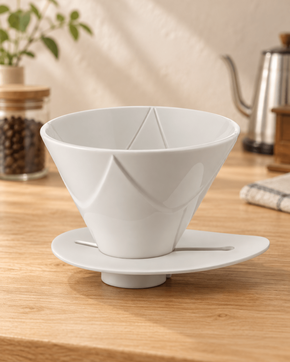 HARIO V60 MUGEN 一投式咖啡濾杯白色陶瓷款置於明亮日式咖啡空間
