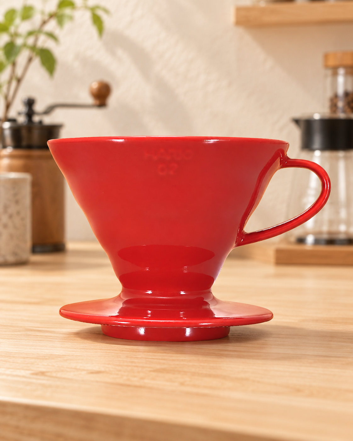 HARIO V60 陶瓷咖啡濾杯 02 紅色款置於明亮日式咖啡空間