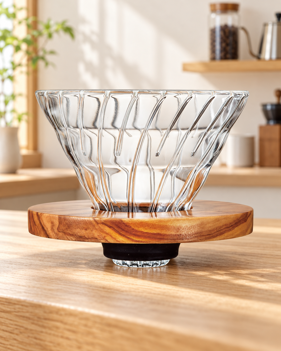 HARIO V60 耐熱玻璃咖啡濾杯 02 橄欖木款置於明亮日式咖啡空間