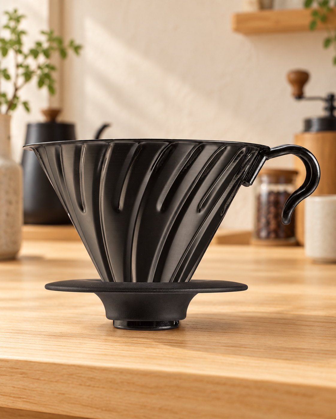 HARIO V60 不鏽鋼咖啡濾杯 02 霧黑款置於明亮日式咖啡空間