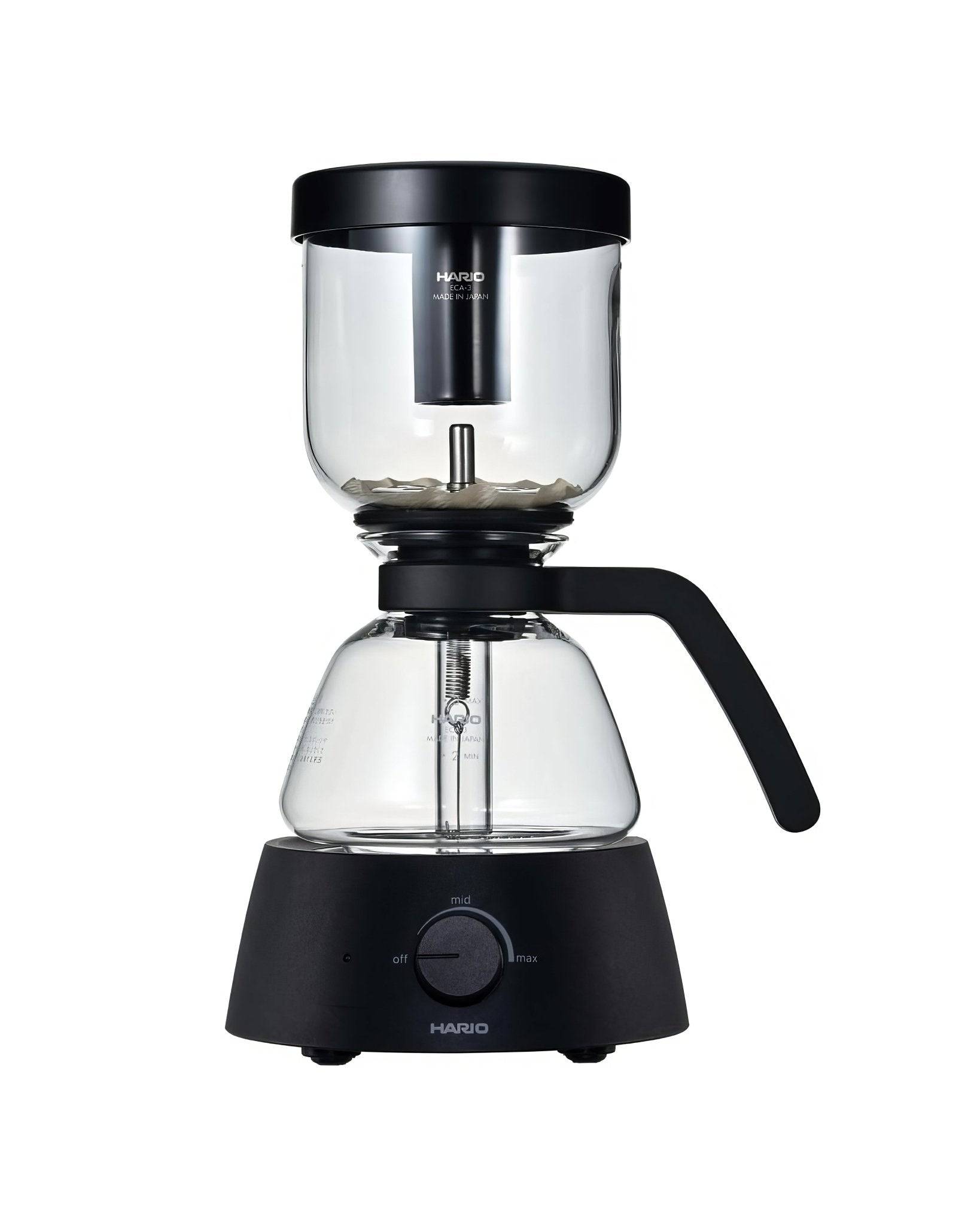 HARIO electric siphon coffee maker with glass chambers, black base and handle, adjustable heat control for precise brewing of 1-3 cups of coffee