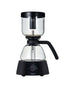 HARIO electric siphon coffee maker with glass chambers, black base and handle, adjustable heat control for precise brewing of 1-3 cups of coffee