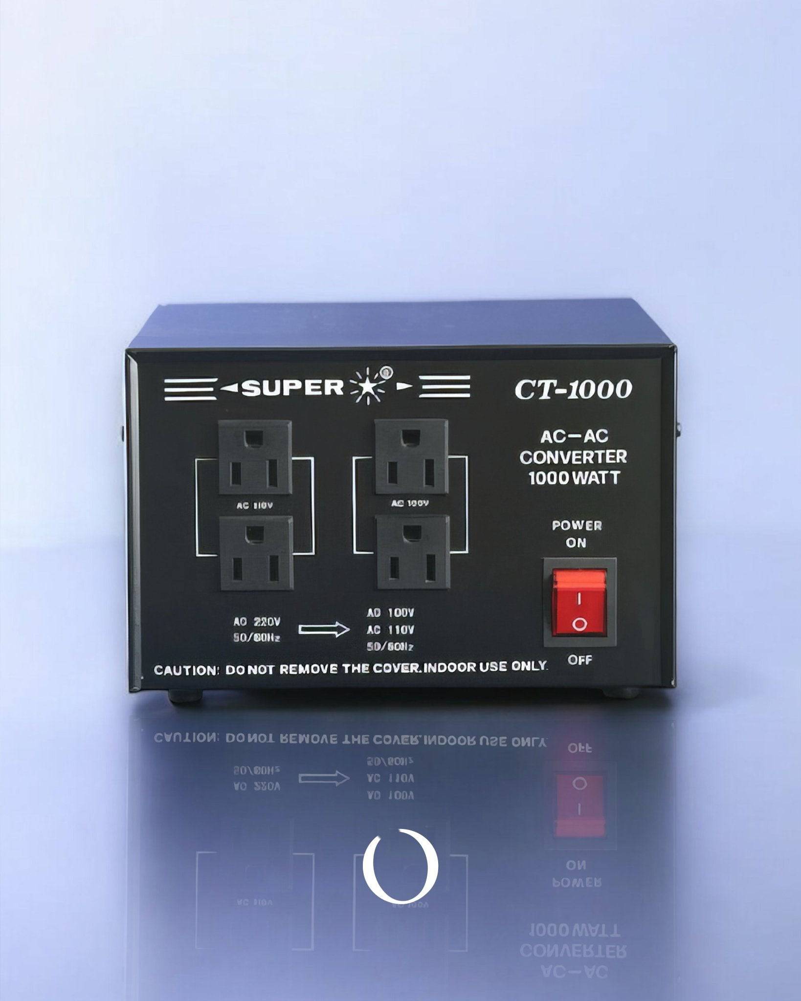 SUPER CT-1000 voltage converter, 1000W AC-AC transformer with dual outlets for 110V and 220V, power switch, and indoor use warning label