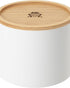 Kalita 155/185 Roshi coffee filter canister with wooden lid, white steel body, designed to protect and store Wave series filters, sleek and functional storage solution for coffee enthusiasts