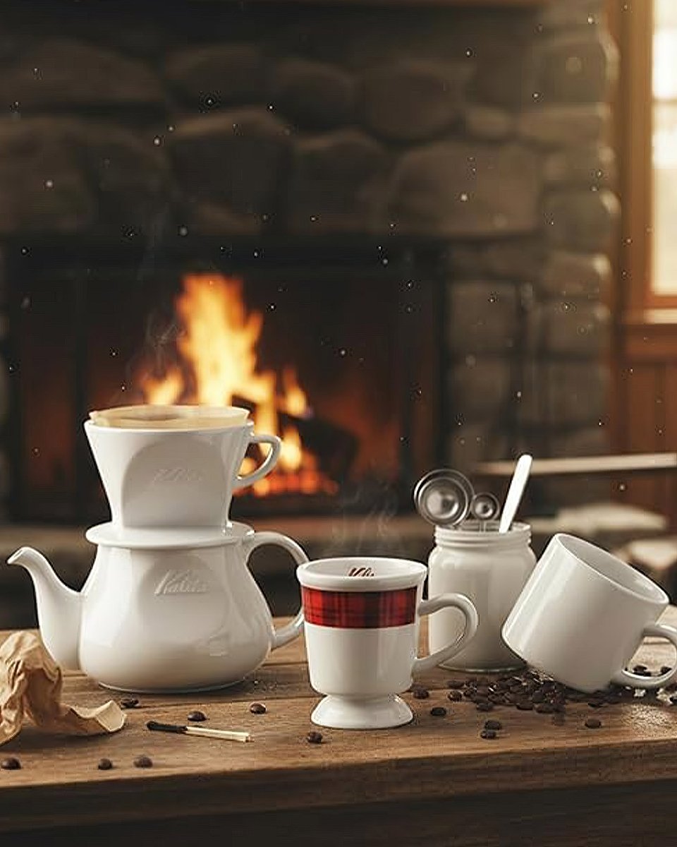 Kalita HASAMI & Kalita HA 白色咖啡壺搭配濾杯與咖啡杯的桌面情境