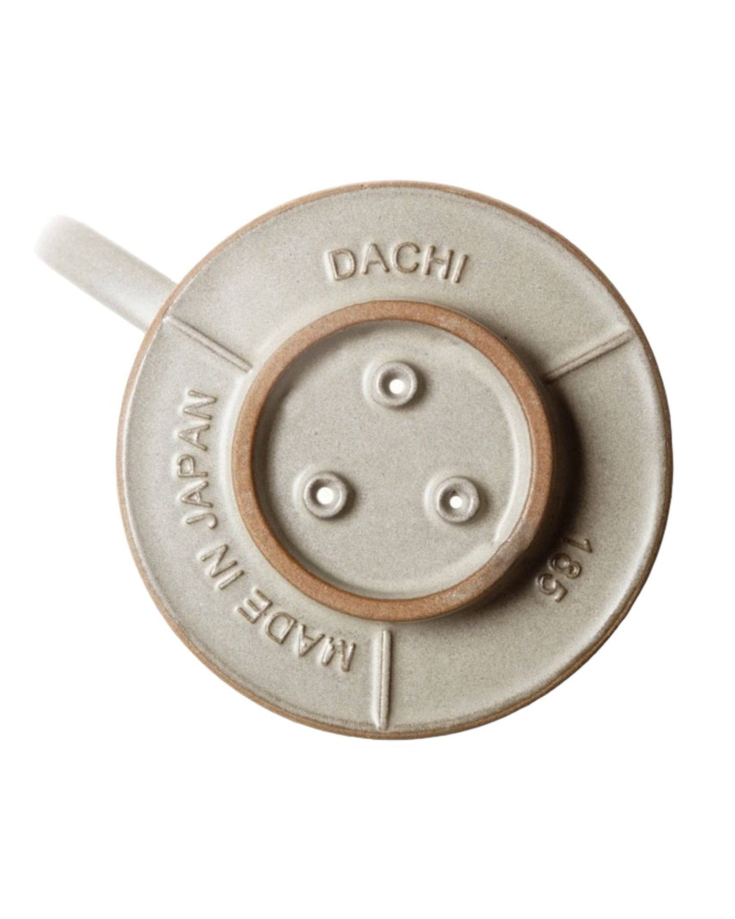 Kalita MI185 ceramic coffee dripper with three-hole design, made in Japan, featuring DACHI and Made in Japan inscriptions, in light gray color with brown rim