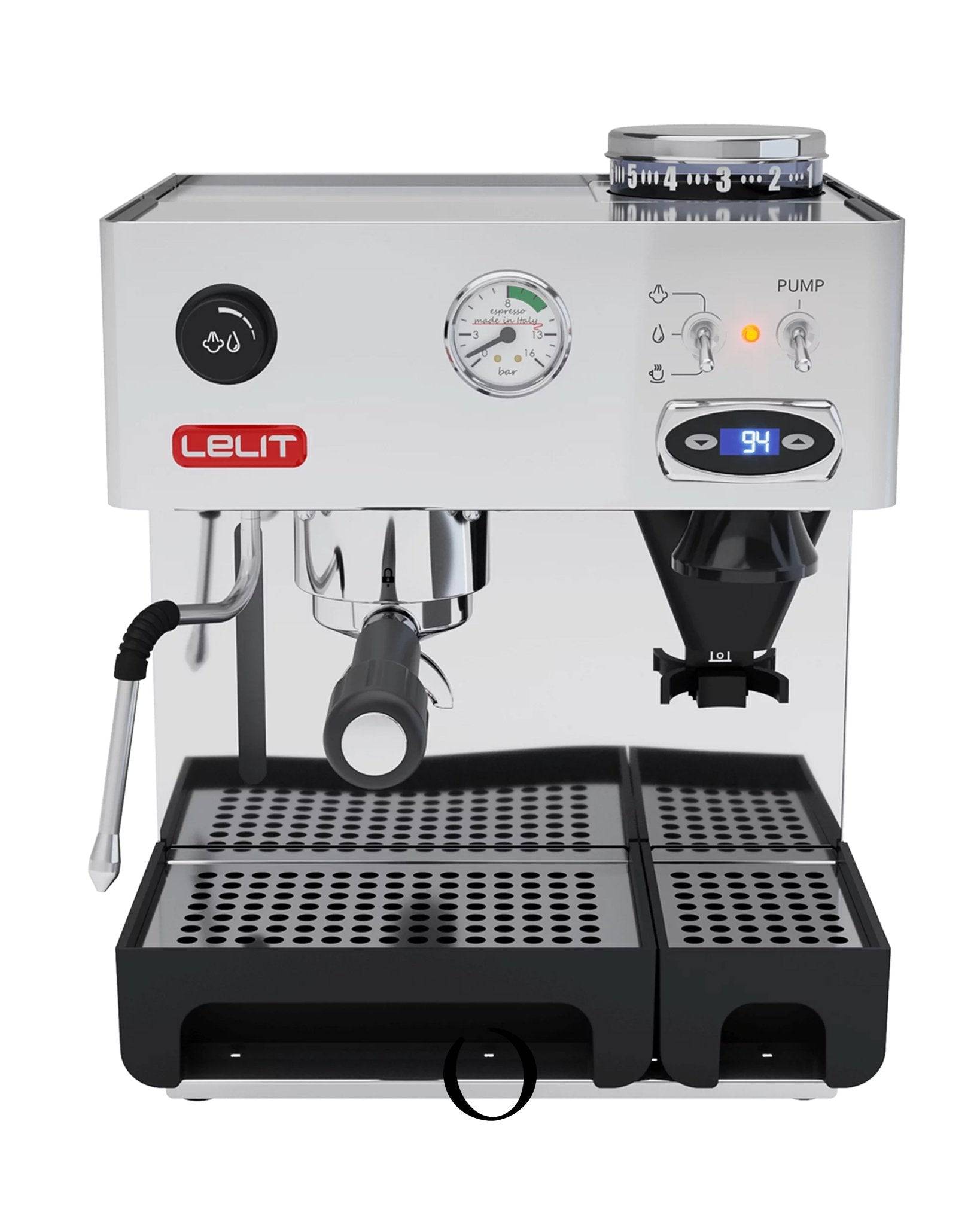 Lelit Anita espresso machine with built-in grinder, PID temperature control, pressure gauge, steam wand, and drip tray, featuring compact design and stainless steel construction