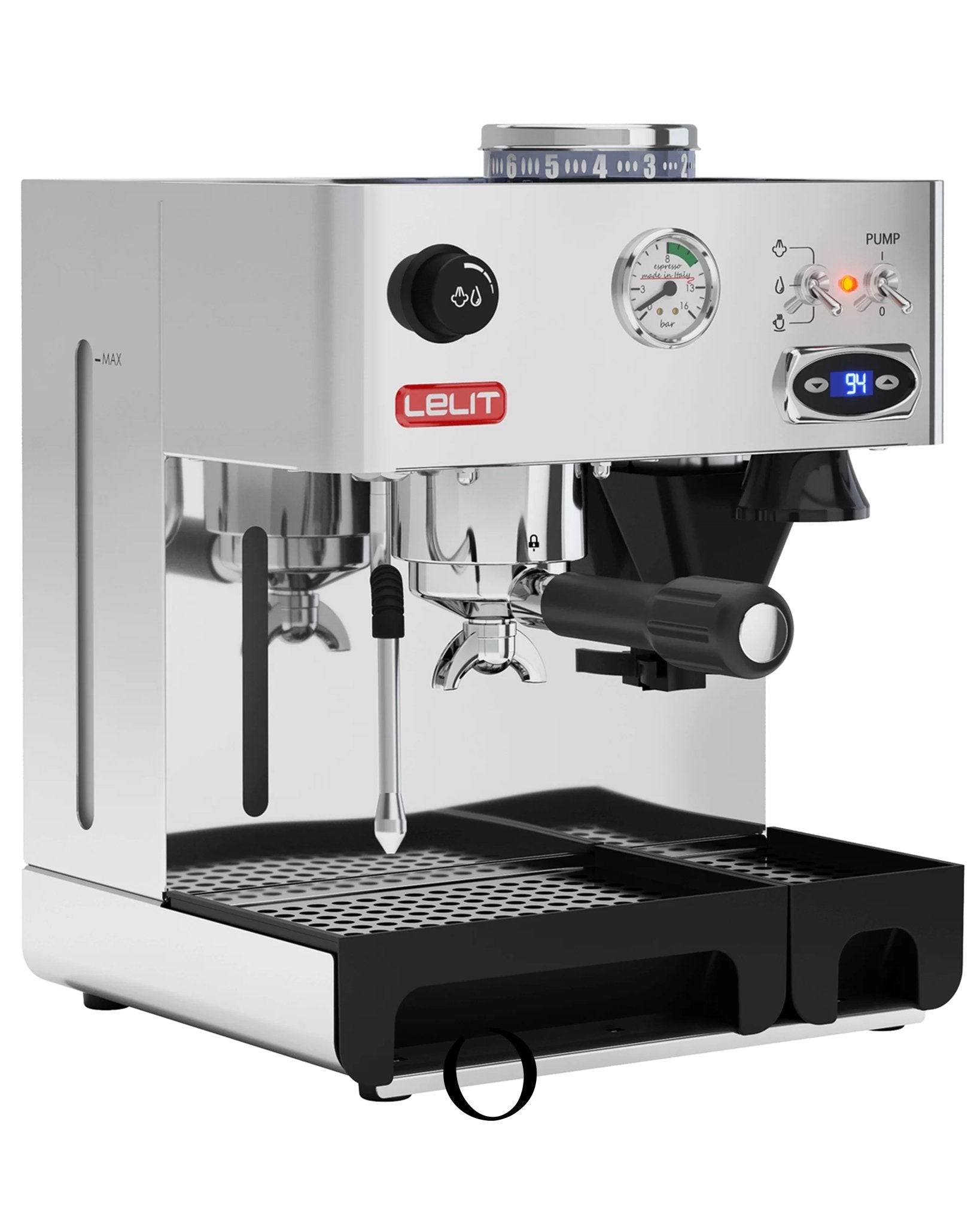 Lelit Anita espresso machine with built-in grinder, PID temperature control, pressure gauge, steam wand, and drip tray, showcasing compact design and professional features for home baristas