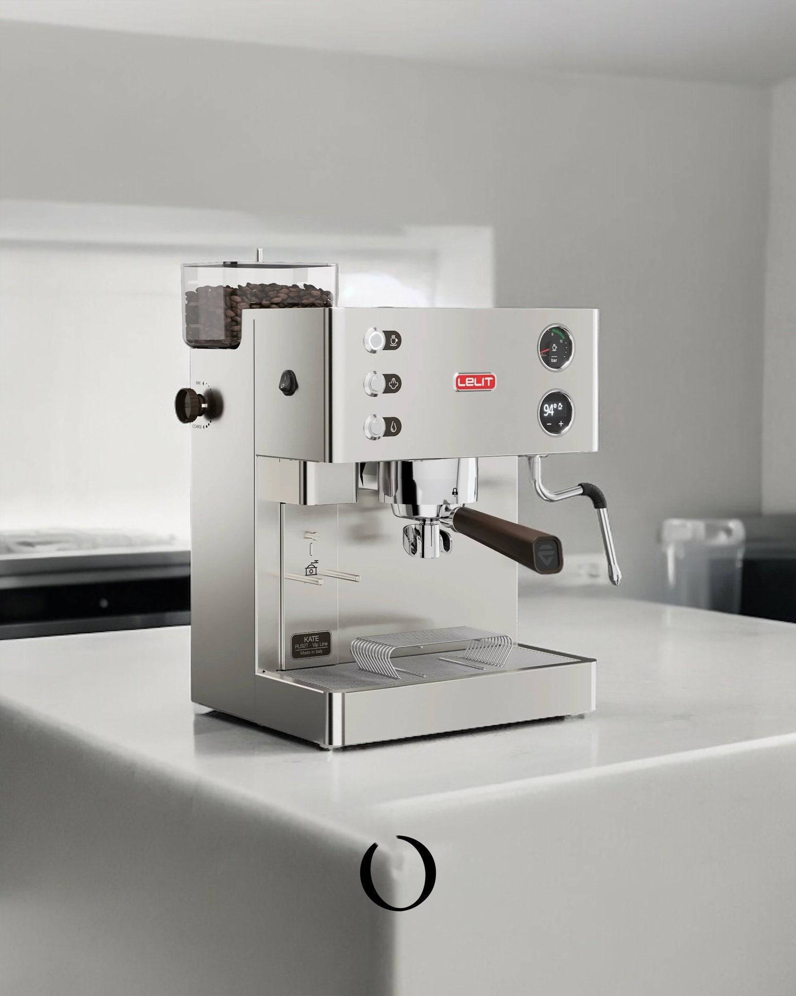 Lelit Kate PL82T espresso machine with built-in grinder on white countertop, featuring stainless steel body, control panel, and transparent bean hopper