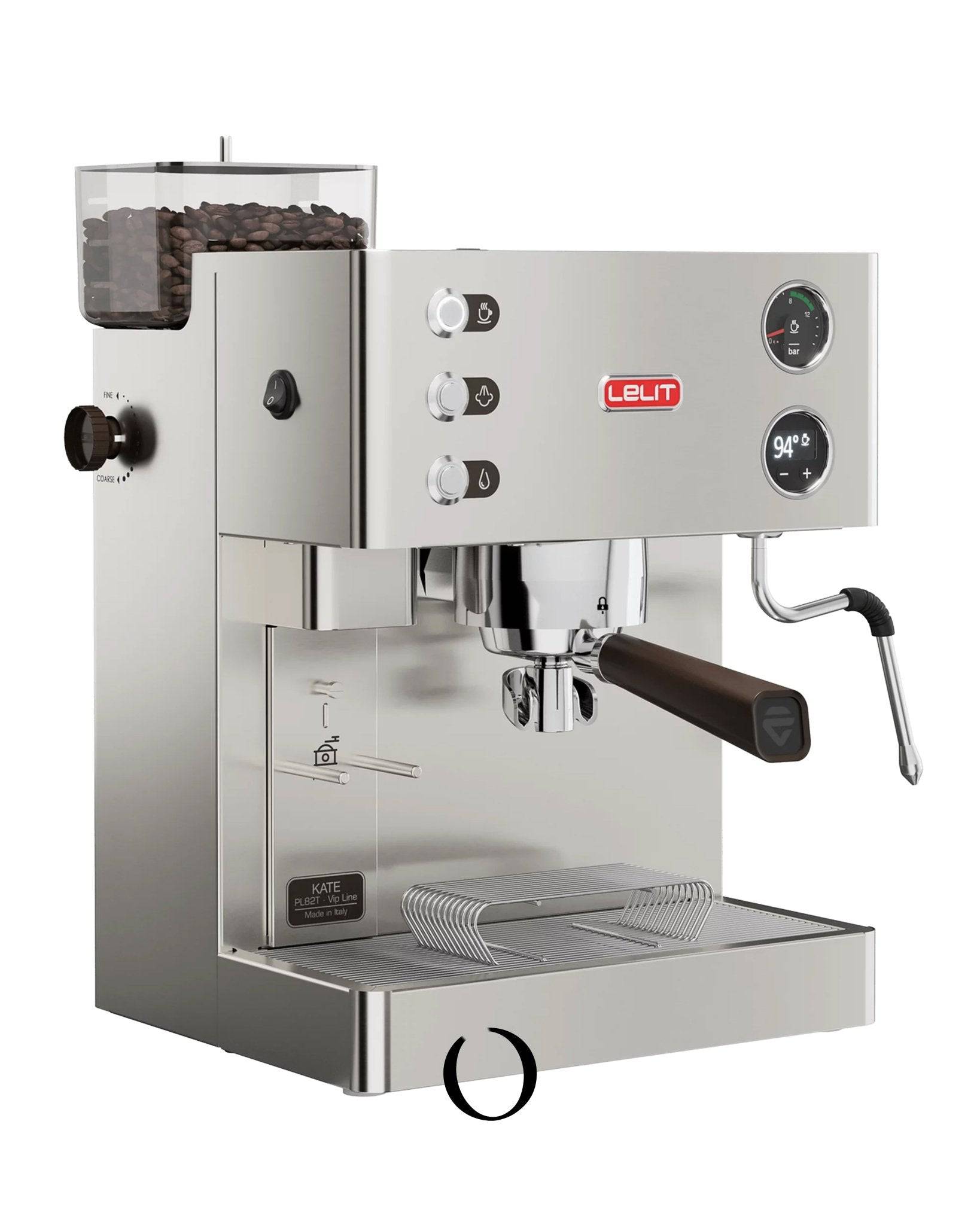 Lelit Kate PL82T espresso machine with built-in grinder, stainless steel body, PID temperature control, and OLED display for precise brewing and steaming