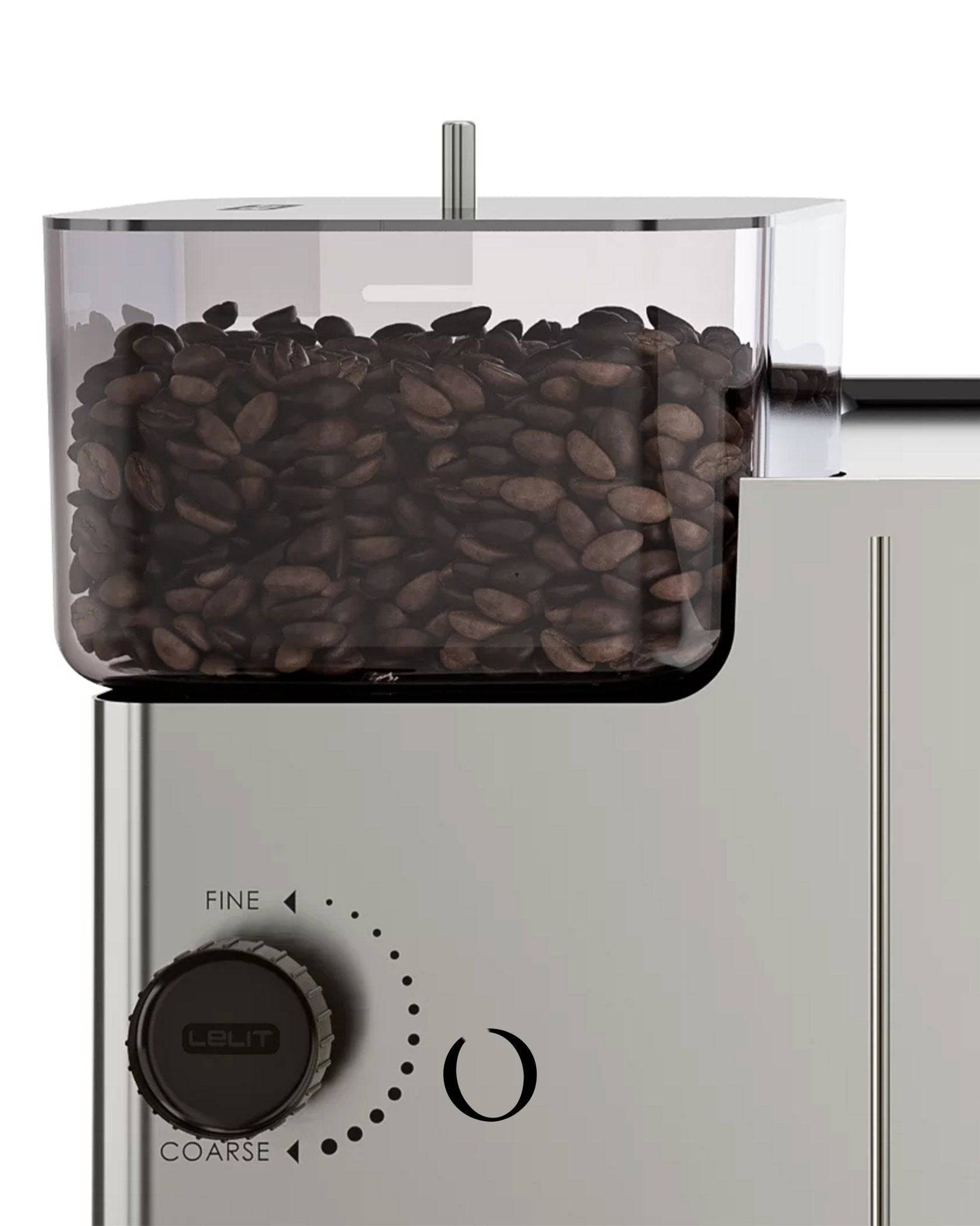 Lelit Kate PL82T espresso machine with integrated grinder, stainless steel body, transparent bean hopper filled with coffee beans, and grind adjustment dial visible