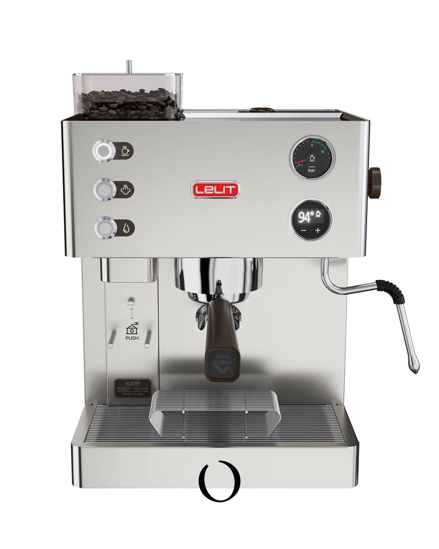 Lelit Kate PL82T espresso machine with built-in grinder, stainless steel body, PID temperature control, and LCD display for precise brewing and steaming