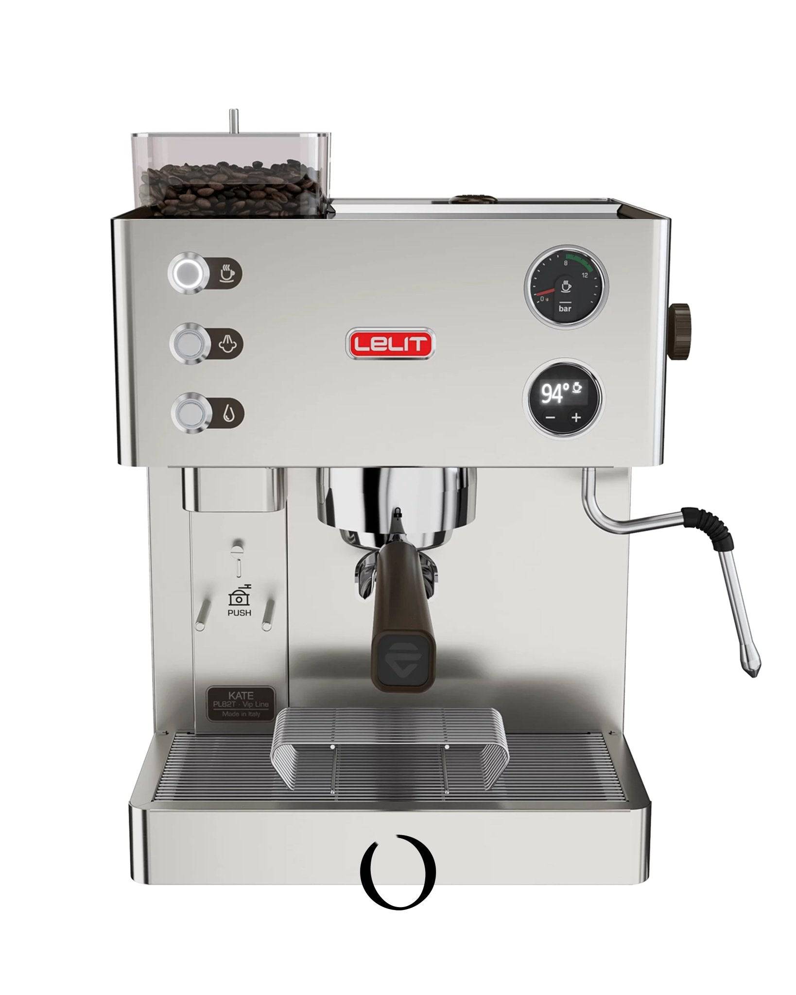 Lelit Kate PL82T espresso machine with built-in grinder, stainless steel body, PID temperature control, and LCD display for precise brewing and steaming