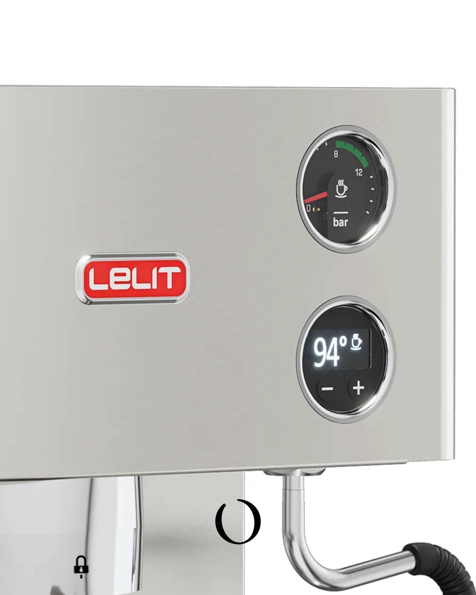 Lelit Kate PL82T espresso machine control panel with pressure gauge and digital temperature display, showcasing precise brewing controls and Lelit branding
