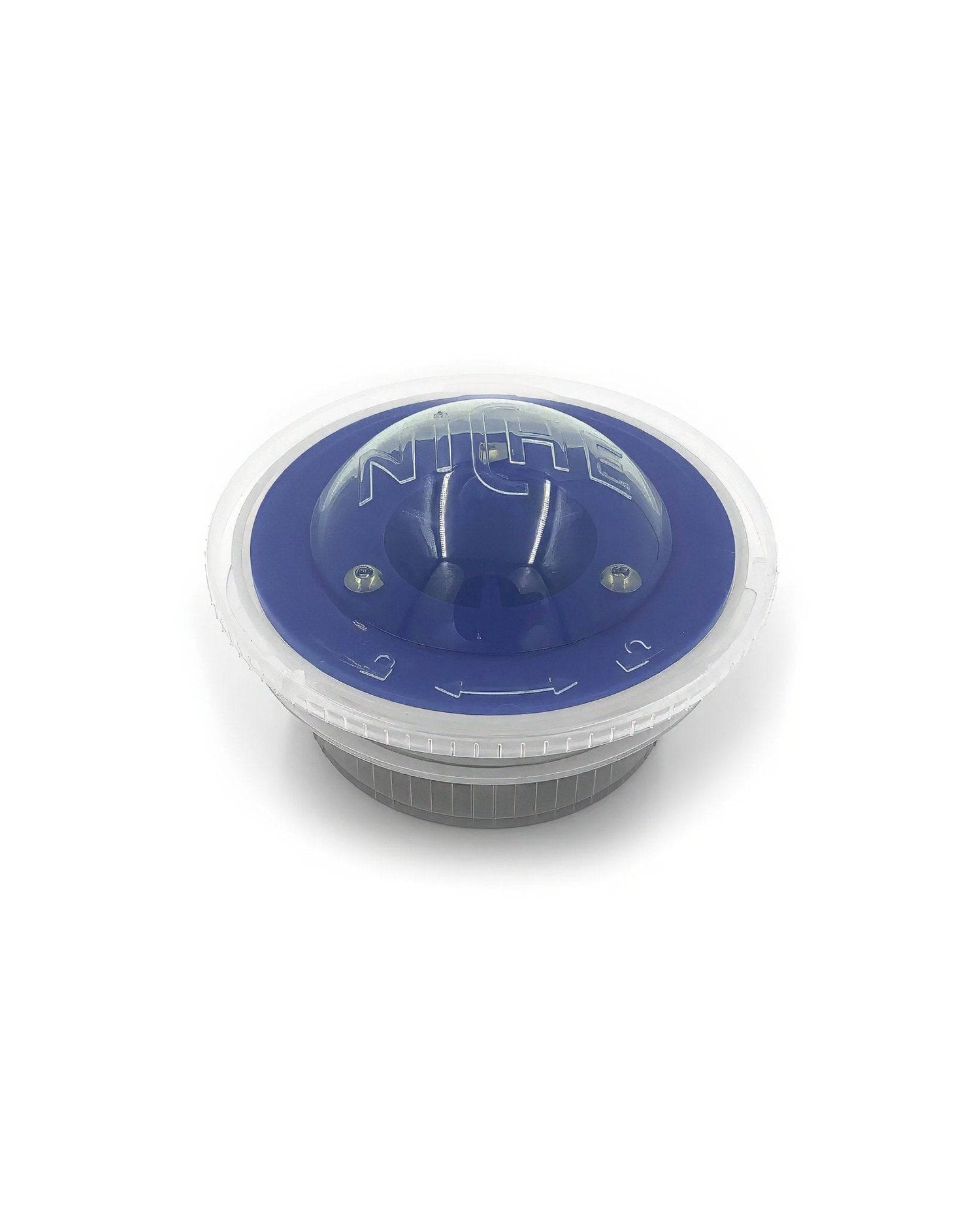 Blue and white circular component of Niche Duo coffee grinder with transparent lid and visible Niche logo, likely a grind adjustment or bean hopper part