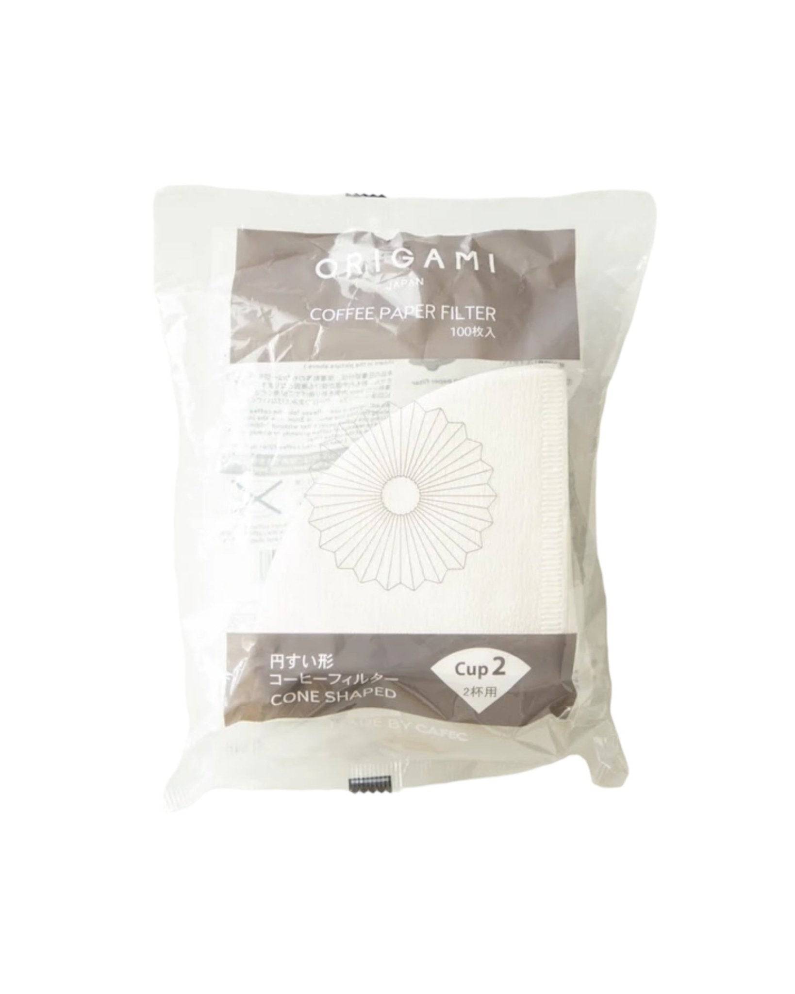 ORIGAMI cone-shaped coffee paper filters, 100 count package for 2 cups, white biodegradable filters with flower design, compatible with V60 and Chemex drippers, made in Japan for pure coffee taste