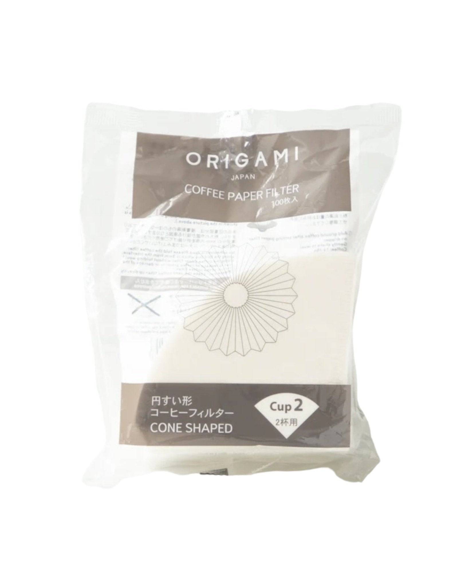 ORIGAMI cone-shaped coffee paper filters package, featuring Japanese text, product name, and floral design. White packet with brown label, suitable for 2 cups, demonstrating high-quality and eco-friendly coffee brewing accessory from Japan.