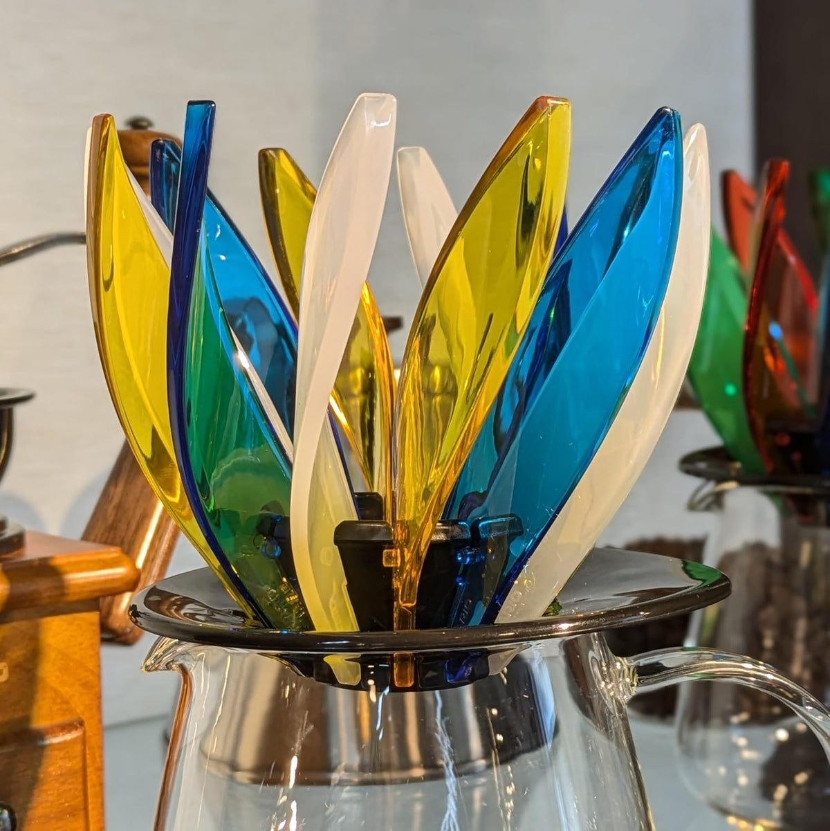 HARIO V60 SUIREN colored ribs assembled into a complete dripper in use