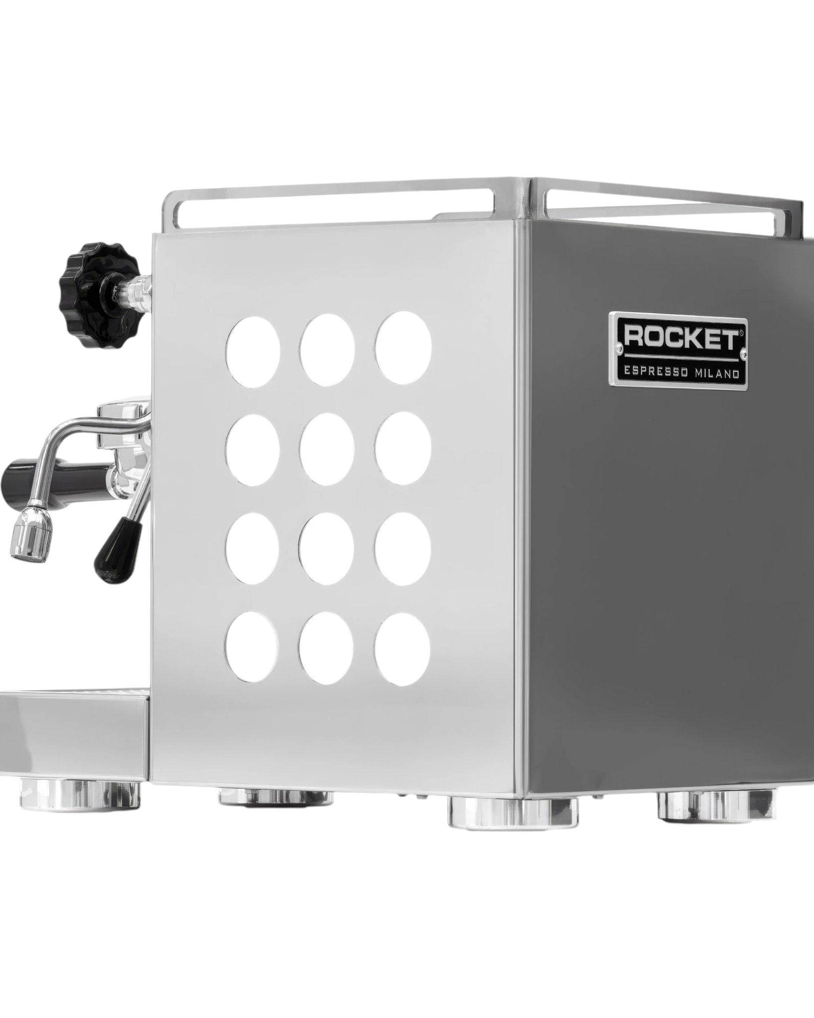 Rocket Appartamento espresso machine with sleek stainless steel design, featuring circular side panel perforations, steam wand, and portafilter. Compact and professional-grade for home use.