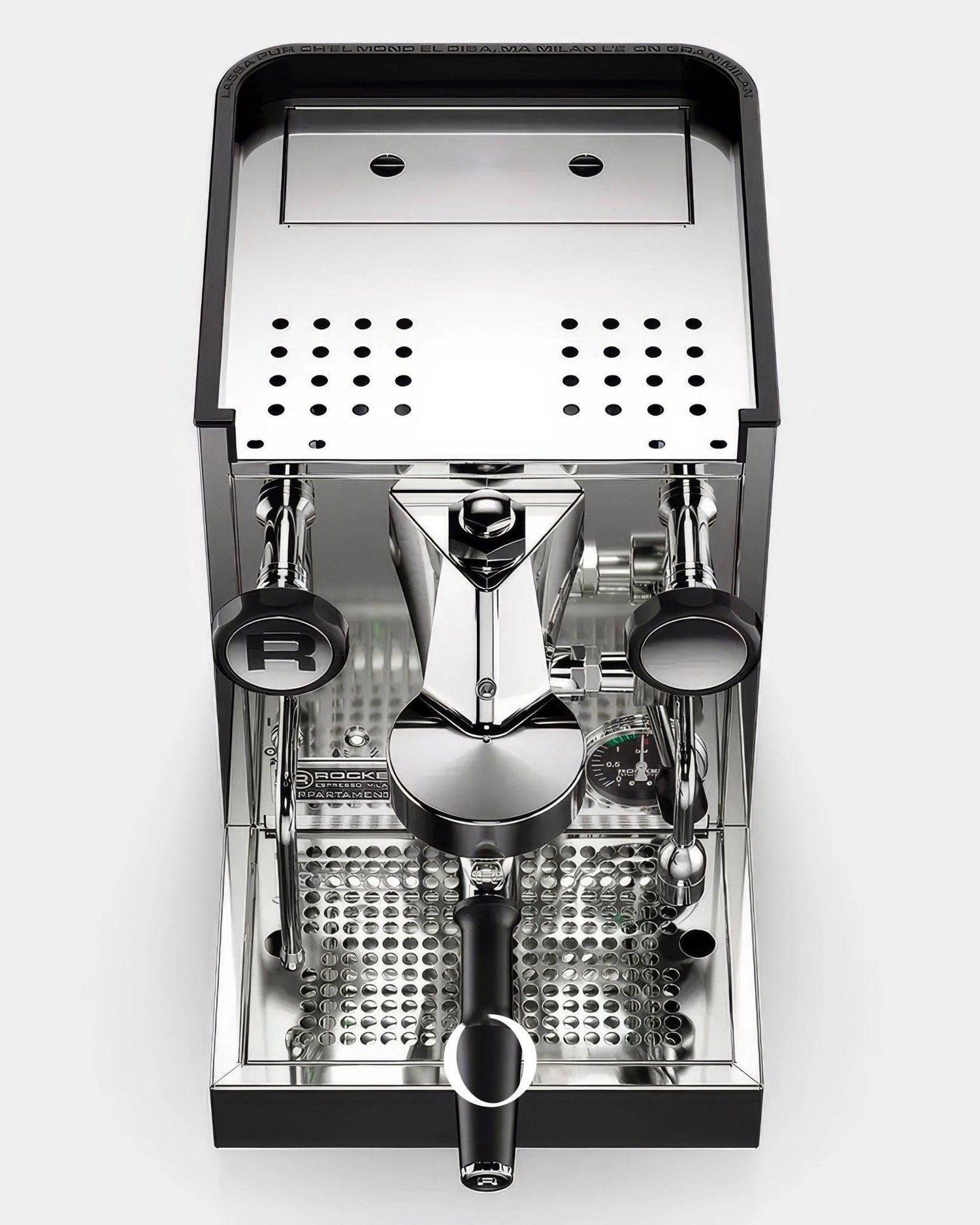 Rocket Appartamento TCA espresso machine with stainless steel body, dual portafilters, drip tray, and steam wand visible from top view, showcasing professional-grade design and functionality