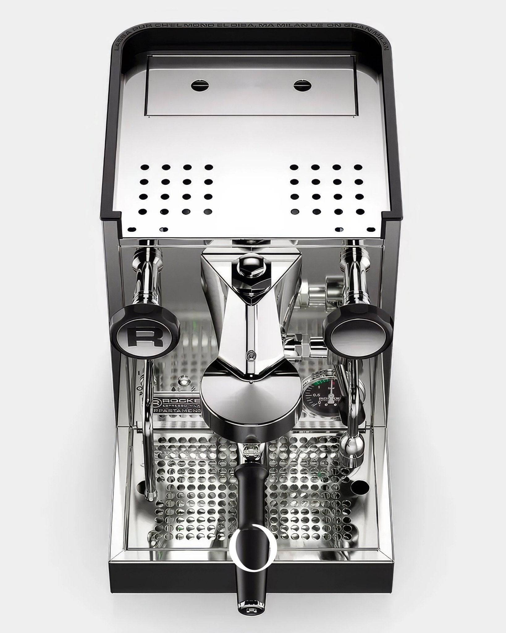 Rocket Appartamento TCA espresso machine with stainless steel body, dual portafilters, drip tray, and steam wand visible from top view, showcasing professional-grade design and functionality
