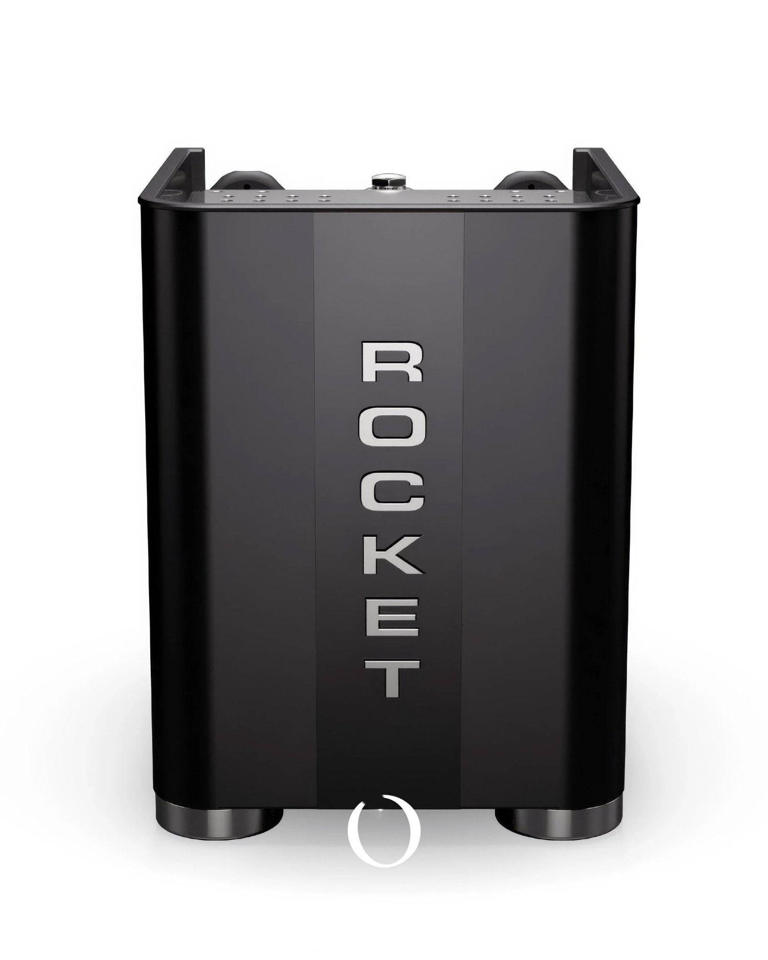 Sleek black Rocket Appartamento TCA espresso machine with vertical silver logo and circular power button, showcasing modern design and professional-grade features for home baristas