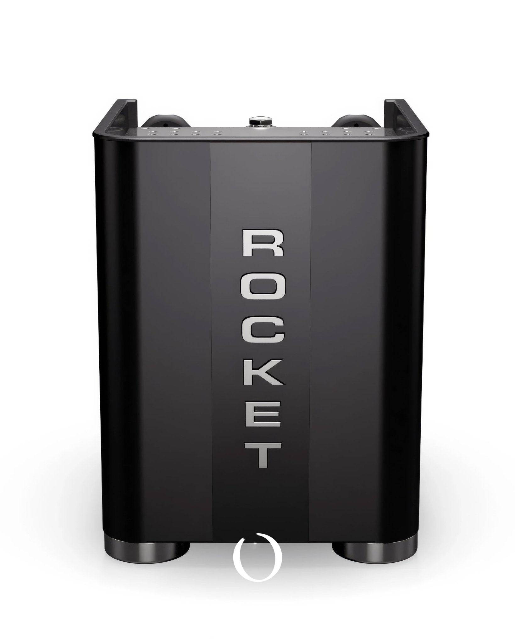 Sleek black Rocket Appartamento TCA espresso machine with vertical silver logo and circular power button, showcasing modern design and professional-grade features for home baristas