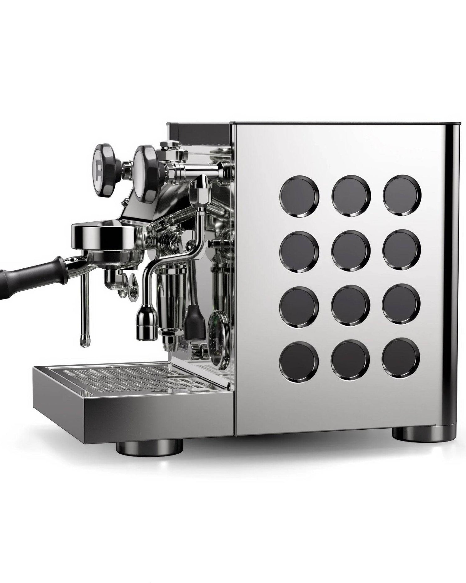 Rocket Appartamento TCA espresso machine with sleek stainless steel design, featuring a circular pattern on the side panel, portafilter, and drip tray visible in front