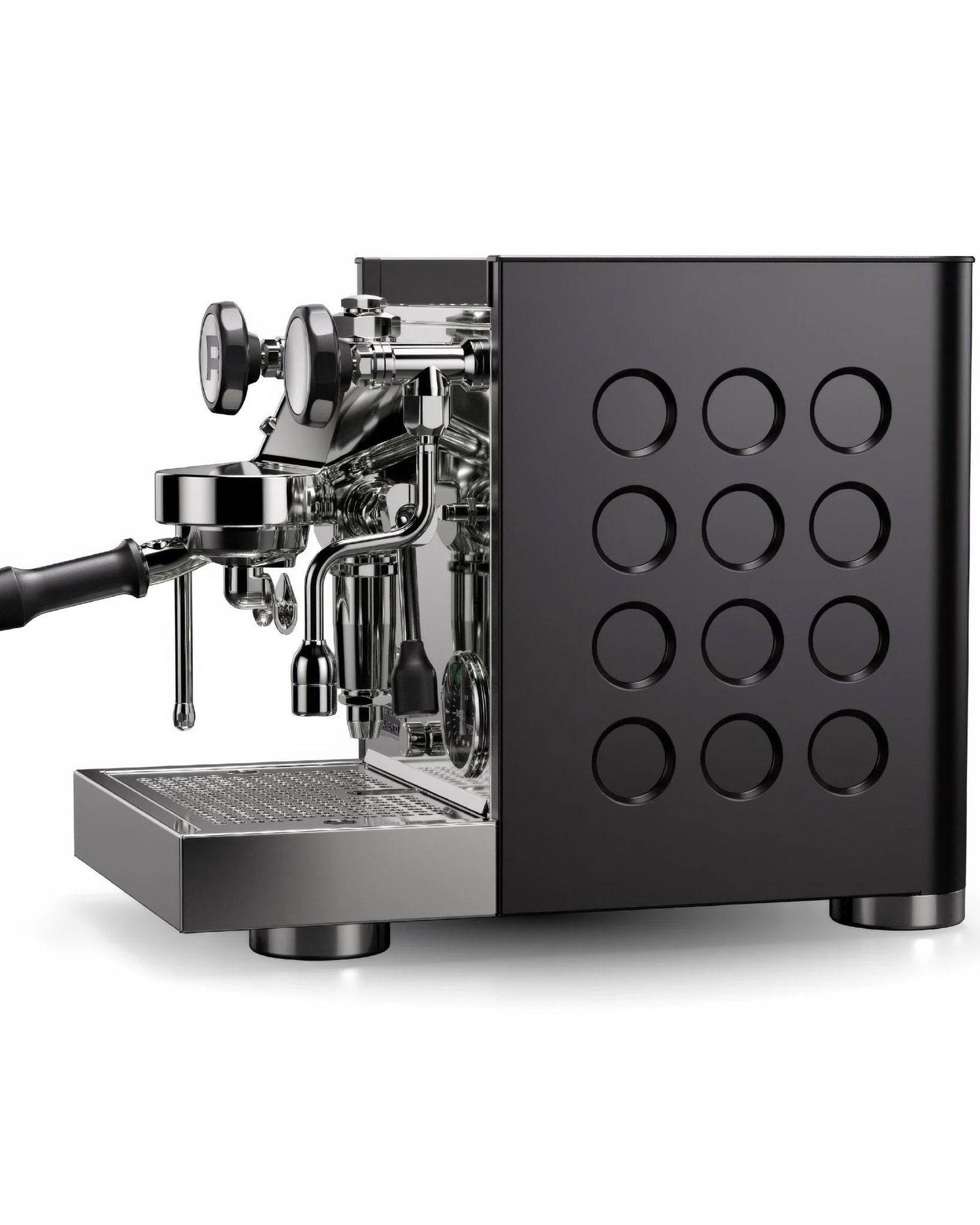 Sleek black Rocket Appartamento TCA espresso machine with circular design elements, showcasing portafilter, steam wand, and drip tray on stainless steel base