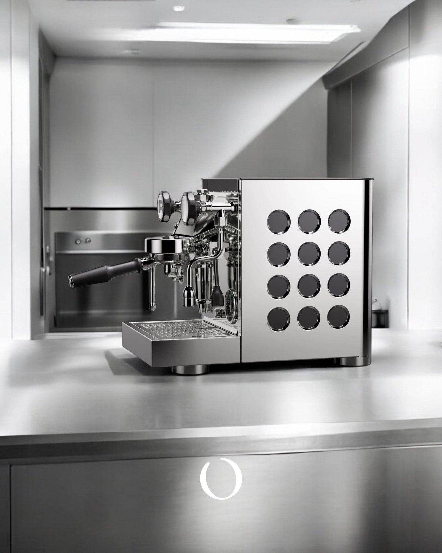 Sleek stainless steel espresso machine with circular design elements on countertop, showcasing modern minimalist aesthetic for Rocket Appartamento TCA semi-automatic espresso maker