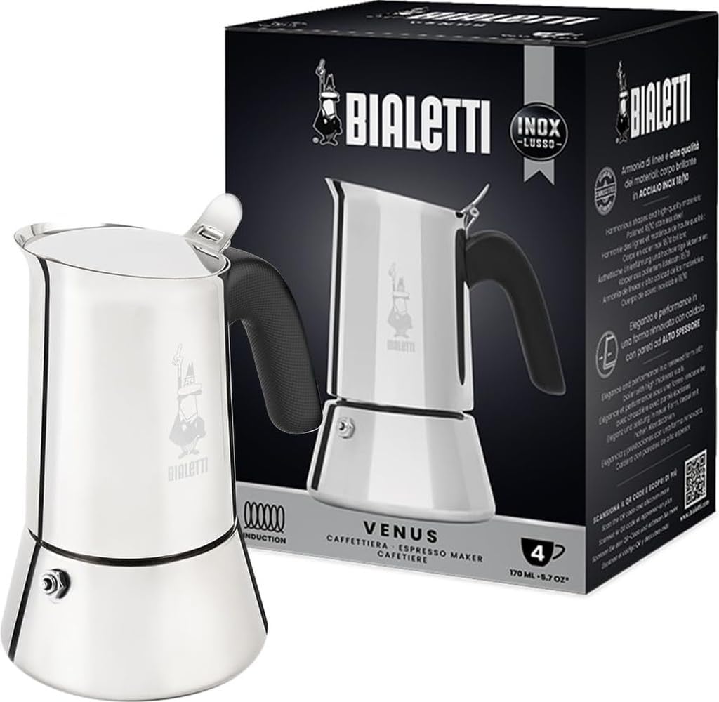 Bialetti Venus 銀色4杯不鏽鋼摩卡壺產品正面圖